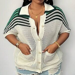 SHEIN CURVE+ Plus Size Women's Green & White Knit Shirt Size 3x(SHEIN 6x)